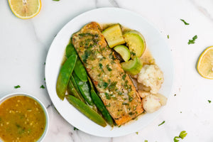 Grilled Salmon with Lemon Herb Sauce & Steamed Vegetables