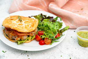 Egg and Beef Burger with Avocado Sauce