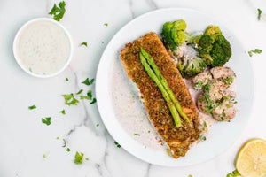 Grilled Salmon with Tahini Sumac Sauce & Roasted Vegetables