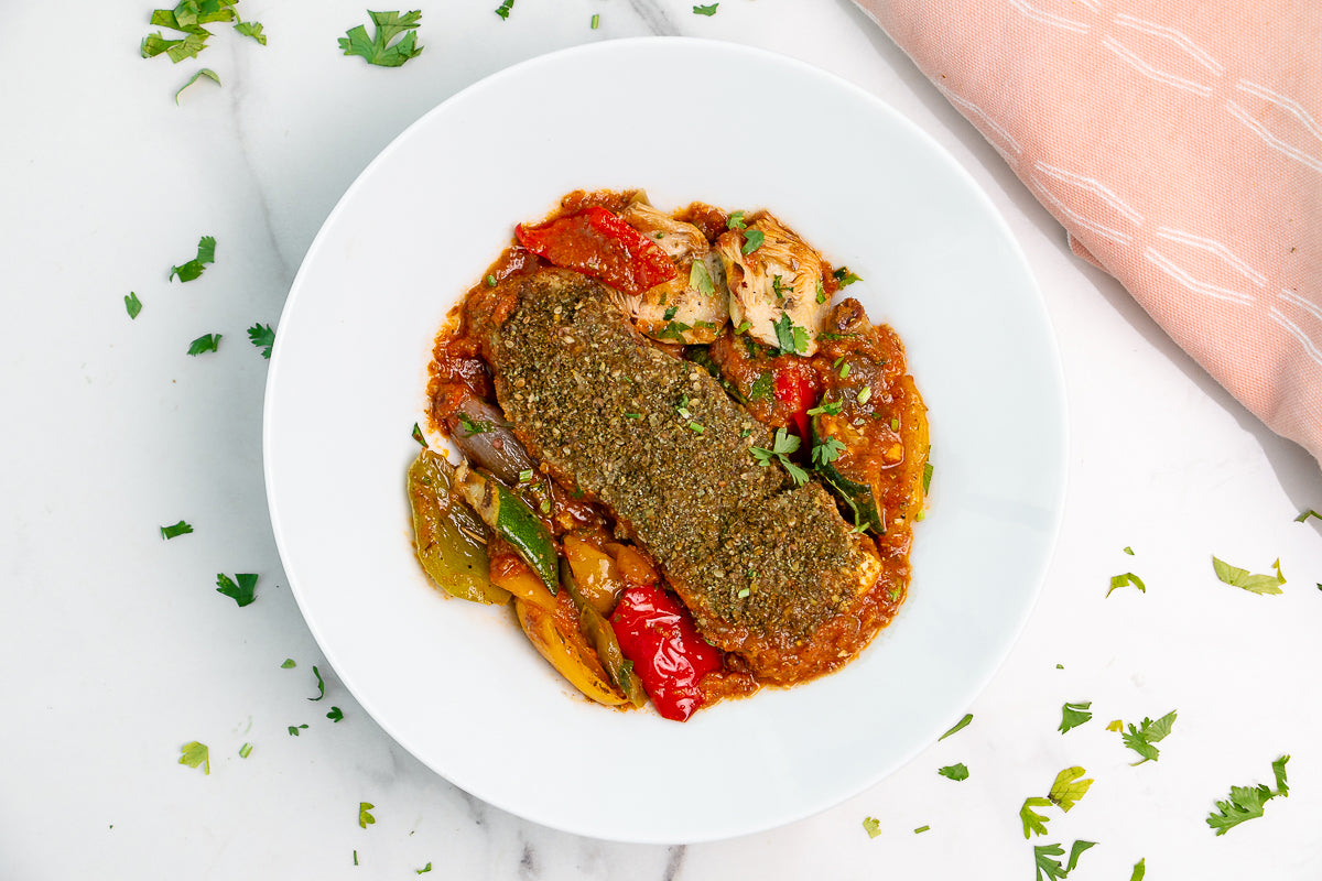 Grilled Hammour Tomato Zaatar Sauce with Grilled Vegetables