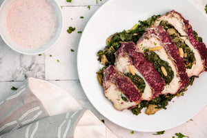 Mushroom & Spinach Stuffed Chicken with Tahini Sumac Sauce